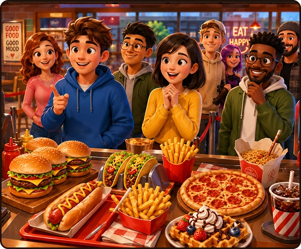 Een kleurrijke geïllustreerde fastfoodbalie met klanten die wachten om te bestellen, met burgers, taco's, Belgische wafels, pizza, frietjes, cola, hotdogs en noedels.